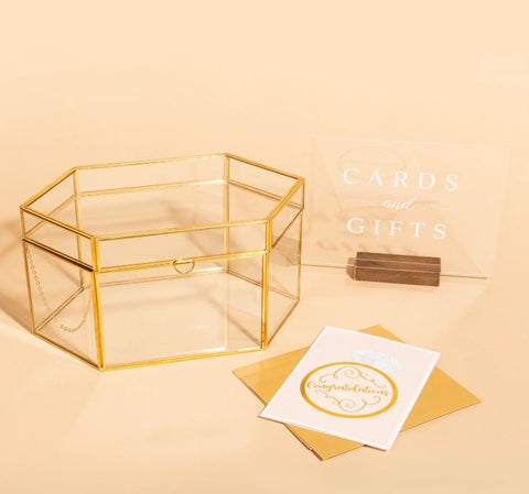 Card and Gift Holder Golden Brass Glass Cards Box for Weddings, Birthdays, Graduations, Baby and Bridal Showers