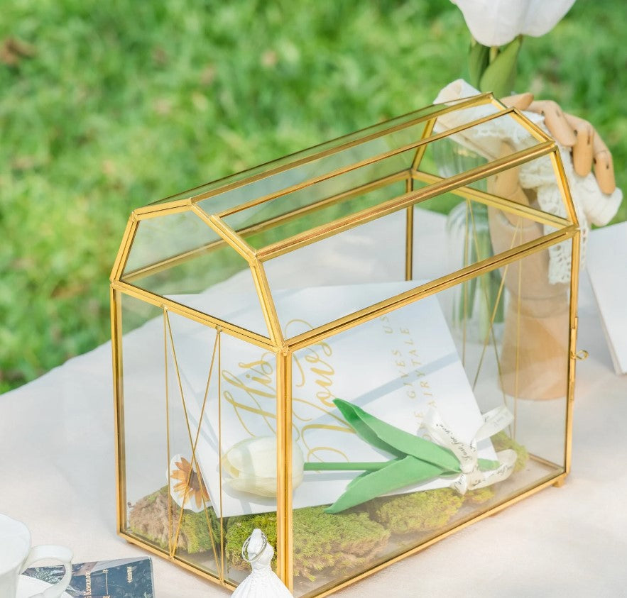 Handmade Cottage Barn Shape Gold Geometric Glass Card Box, Wedding Post Box, Envelope Box