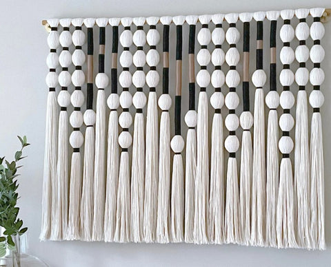 White Black &  Fiber Art Macrame Mural for Living Room Wall Decor