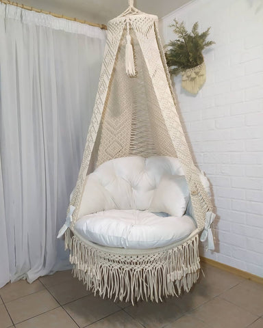 Indoor and Outdoor Bohemian Macrame Hanging Hammock Swing Chair - Perfect Swing for Relaxation