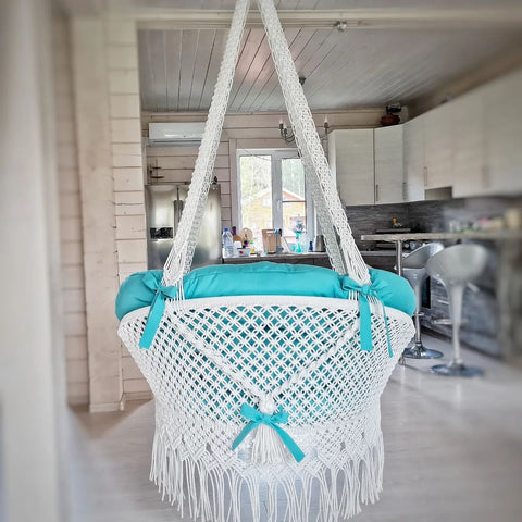 Columpio Brisa Marina Beautiful Garden Macrame swing, Macrame hammock, Hanging woven swing